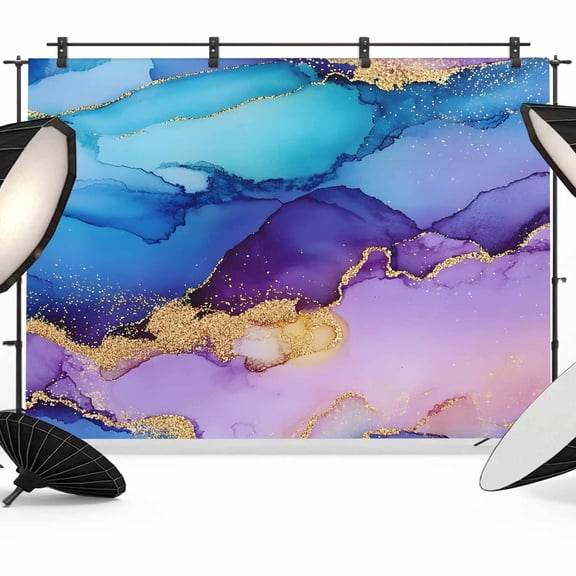 Marble Blue Backdrop for Photography, Gold Line Gradient Purple Modern Wavy Photo Backdrop Portrait Background Party Banner Photo Backgrounds for Studio Booth Props, 7x5ft