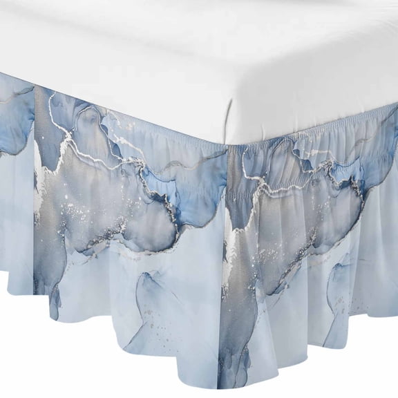 Marble Blue Bed Skirt Queen Size 16 Inch Drop, Adjustable & Elastic Wrap Around Bed Skirts Pleated Luxury Dust Ruffles For Twin Full Queen Cal King Base Beds, Modern Abstract Ink Painting Luxury