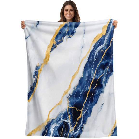 Marble Blue Blanket Soft Cozy Warm Throw Blanket for Couch, Plush Fuzzy Flannel Fleece Blankets for Sofa, Gold Foil Ceramic Style Cracks Scratches Bed Blankets Lightweight Gifts for Women, 50"x60"