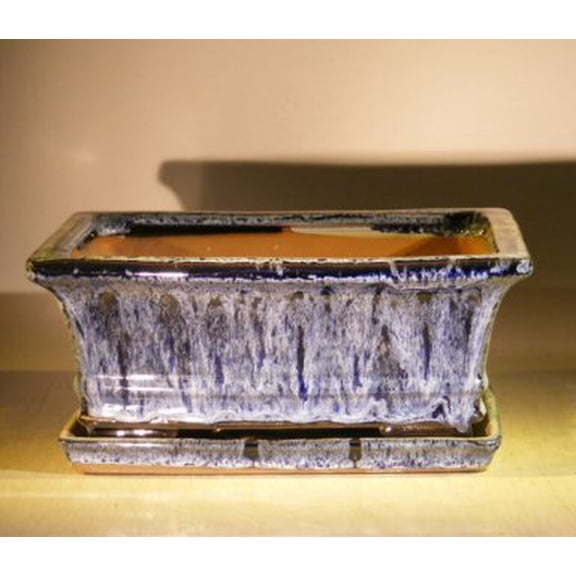 Marble Blue Ceramic Bonsai Pot - Rectangle Professional Series with Attached Humidity/Drip tray