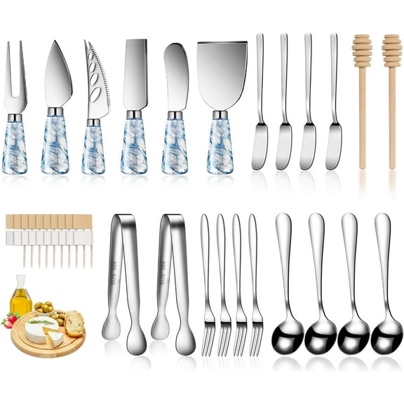 Marble Blue Cheese Knife Set, Ceramic Handle Charcuterie Board Accessories - Butter Spreader, Cheese Slicer, Serving Tongs, Spoons, Forks, Flags, Wooden Honey Dipper