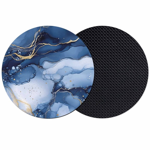 Marble Blue Coasters Set of 2, Modern Gradient Gold Waves Nature Cracked Absorbent Coasters for Drinks, Coaster for Bar Office Dining Coffee Table Accessories Decor, Non Slip Round Desk Coaster