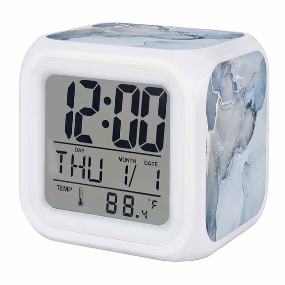 Marble Blue Digital Alarm Clock for Bedrooms, Smart LED Alarm Clock with 7 Color Changing Night Light, Modern Abstract Ink Painting Luxury Silent Wake Up Clocks for Sleep Study Cooking 3.2"x3.2"