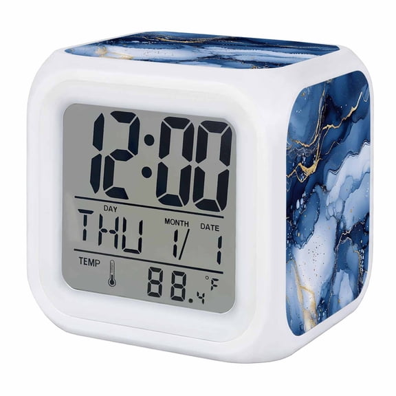 Marble Blue Digital Alarm Clock for Bedrooms,Smart LED Alarm Clock with 7 Color Changing Night Light,Modern Gradient Gold Waves Nature Cracked Silent Wake Up Clocks for Sleep Study Cooking 3.2"x3.2"