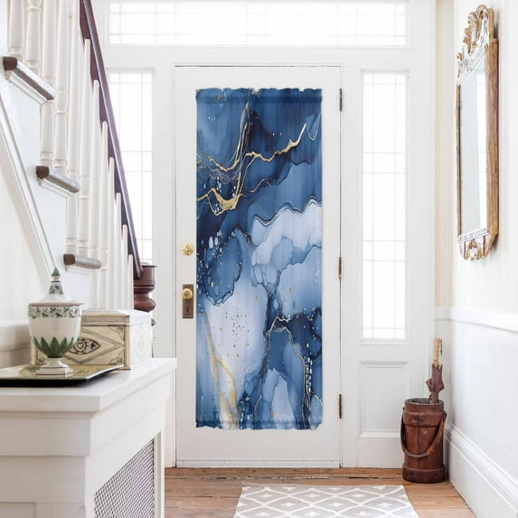 Marble Blue Door Curtains for Door Window, French Sidelight Front Back Door Curtains With Tieback, Modern Gradient Gold Waves Nature Cracked Kitchen Rod Pocket Drapes Panel, 54"x72"