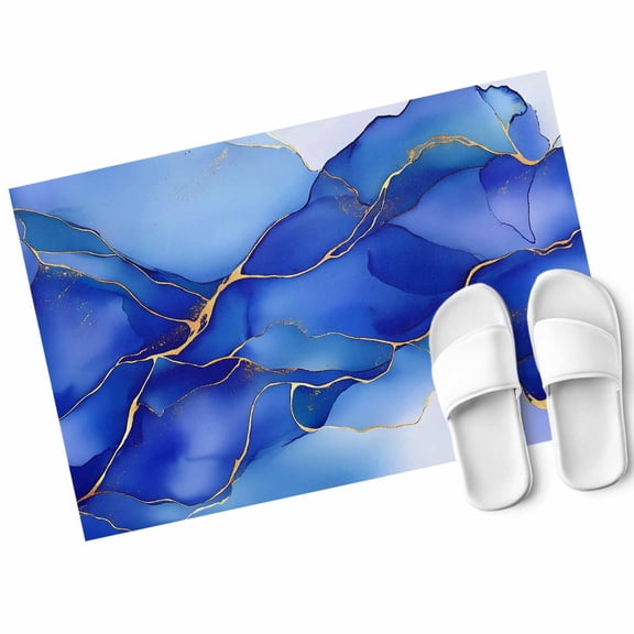 Marble Blue Door Mat Liquid Gold Foil Glitter Wavy Rock Stone Non Slip Absorbent Entrance Mat Washable Low Profile Indoor Doormat for Front Door Entryway Entry 16"x24"