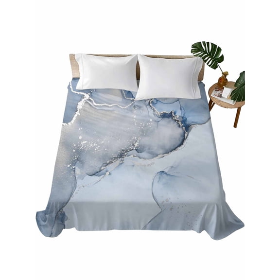 Marble Blue Flat Sheets Only Queen Size, Soft Breathable Bed Top Sheets for Mattress, Modern Abstract Ink Painting Luxury Luxury Bedding Flat Sheets for Home Hotel Bedroom Bed Protection