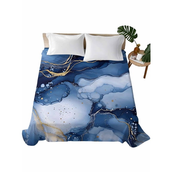 Marble Blue Flat Sheets Only Queen Size, Soft Breathable Bed Top Sheets for Mattress, Modern Gradient Gold Waves Nature Cracked Luxury Bedding Flat Sheets for Home Hotel Bedroom Bed Protection