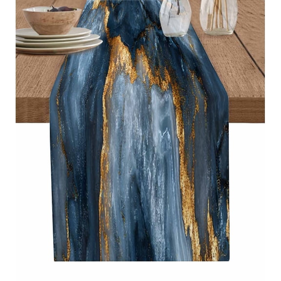 Marble Blue Gold Table Runner-Cotton Linen- 48 Inch Holiday Dresser Scarves, Golden Abstract Rock Cave Scenery Tablerunner for Kitchen Coffee/Dining Bedroom Home Living Room Dinner Scarf Décor 13x48