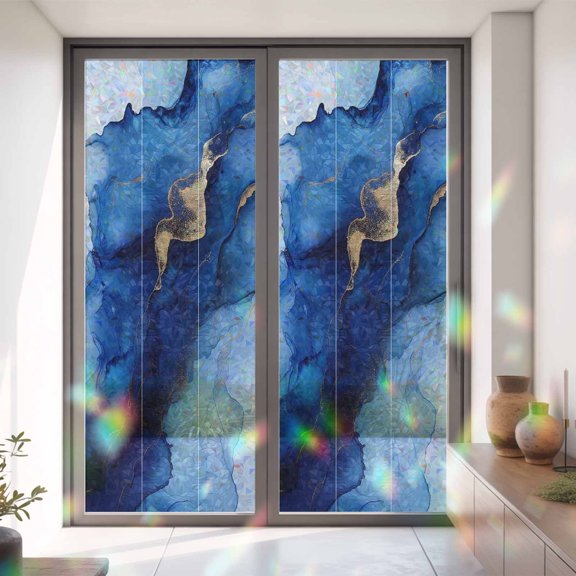 Marble Blue Gradient Gold Foil Window Privacy Film,Decorative Windows Static Cling Ombre Ink Art Heat Control Removable Glass Sticker for Home Bathroom Bedroom Window Door,35x79in