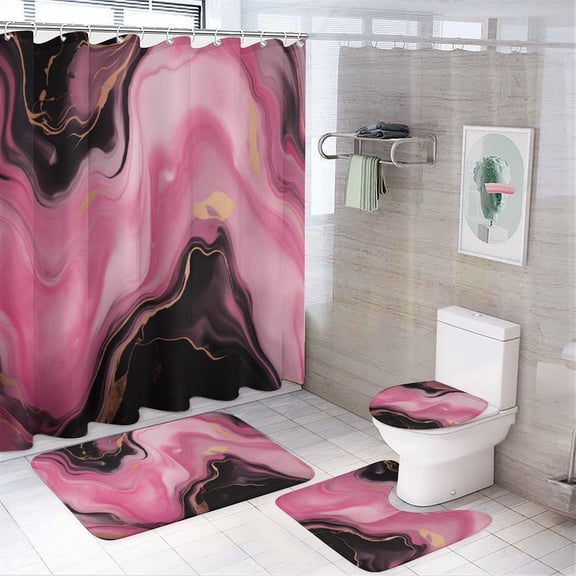 Marble Blue Greene Purple And Gold Stripes 4 Pcs Shower Curtain Set with Rug Bathroom Sets with Waterproof Fabric And Non-Slip Rugs Toilet Lid Cover Bath Mat Decor with Hooks