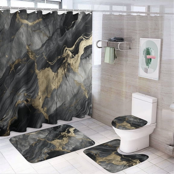 Marble Blue Greene Purple And Gold Stripes 4PCS Shower Curtain Sets with Rugs with Non-Slip Bath Mat Toilet Rug，72" X 72"