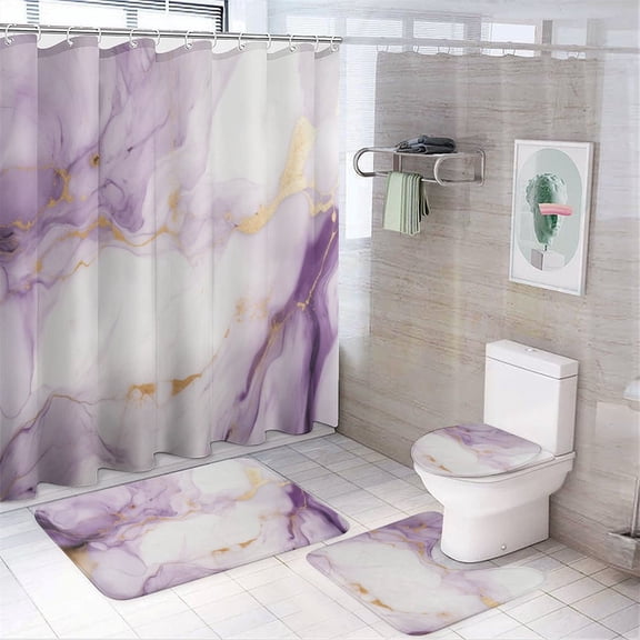 Marble Blue Greene Purple And Gold Stripes 4Pcs Shower Curtain Set Shower Curtain Set with Carpet Bath Mat