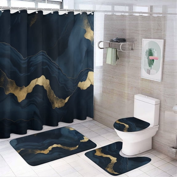 Marble Blue Greene Purple And Gold Stripes 4Pcs Shower Curtain Set Shower Curtain Set with Carpet Bath Mat