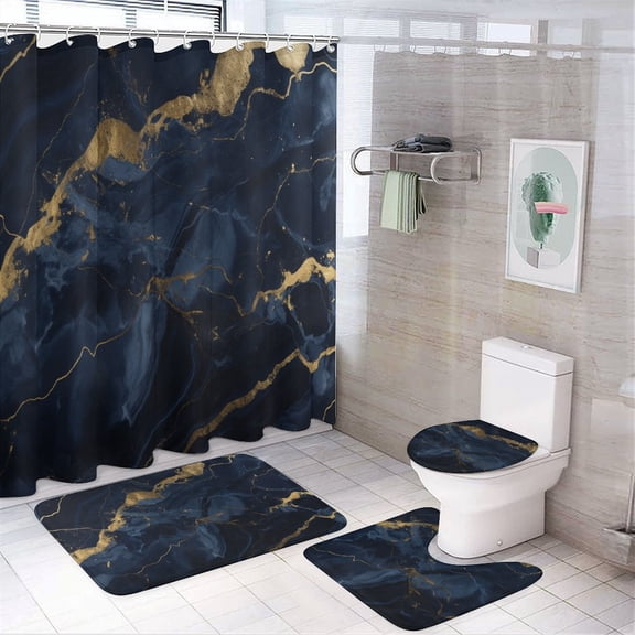 Marble Blue Greene Purple And Gold Stripes 4Pcs Shower Curtain Set Shower Curtain Set with Carpet Bath Mat