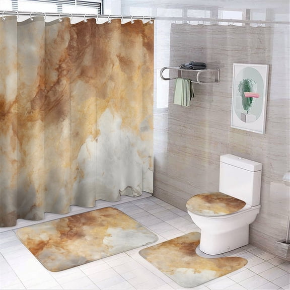 Marble Blue Greene Purple And Gold Stripes 4Pcs Shower Curtain Set Shower Curtain Set with Carpet Bath Mat