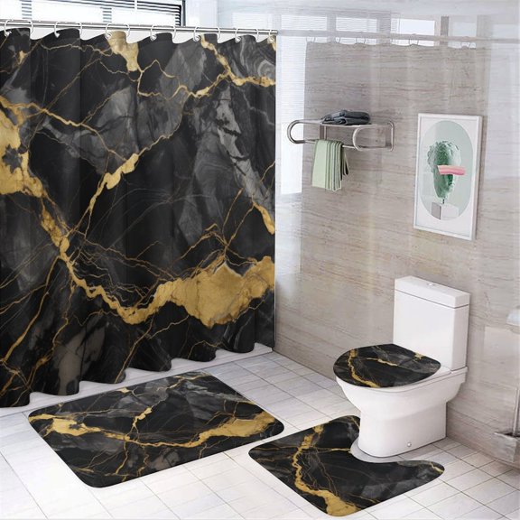 Marble Blue Greene Purple And Gold Stripes 4Pcs Shower Curtain Set Shower Curtain Set with Carpet Bath Mat