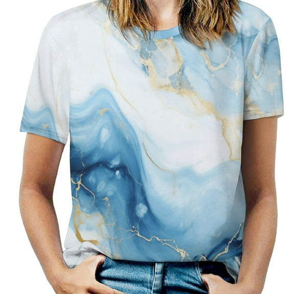 Marble Blue Greene Purple And Gold Stripes Women's Short Sleeve Tops Casual Blouses T Shirt