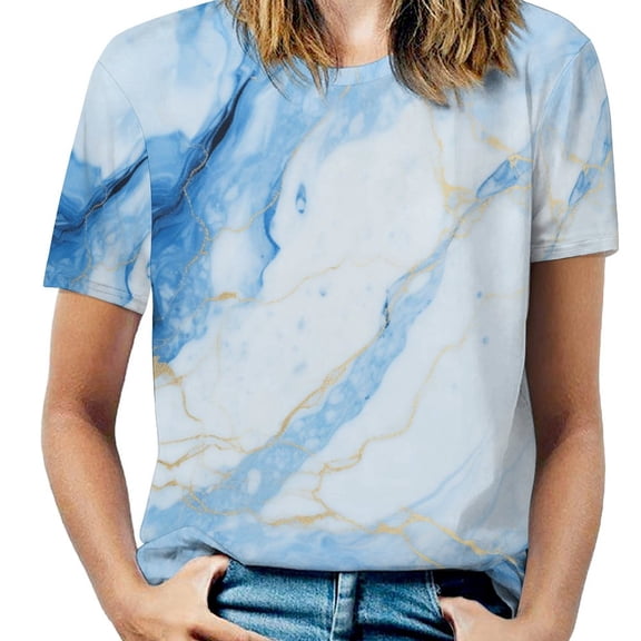 Marble Blue Greene Purple And Gold Stripes Women's Short Sleeve Tops Casual Blouses T Shirt