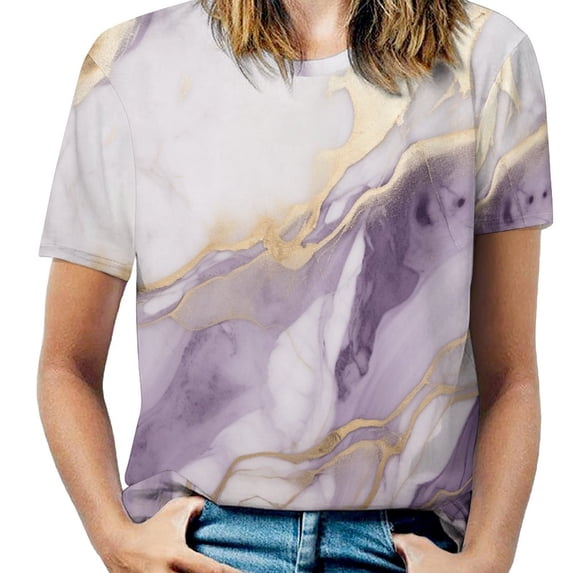 Marble Blue Greene Purple And Gold Stripes Women's T-Shirt Short Sleeve T Shirts Tops Tee Ladies Loose T