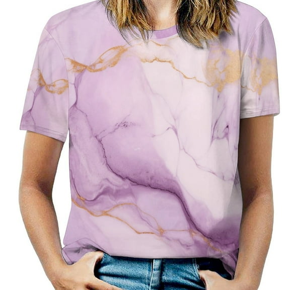 Marble Blue Greene Purple And Gold Stripes Womens Tops Women's Fashion Casual Short Sleeve Flower Print Round Neck Pullover Top Blouse