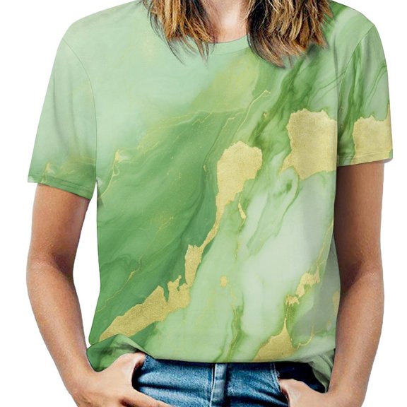 Marble Blue Greene Purple And Gold Stripes Womens Tops Women's Fashion Casual Short Sleeve Flower Print Round Neck Pullover Top Blouse