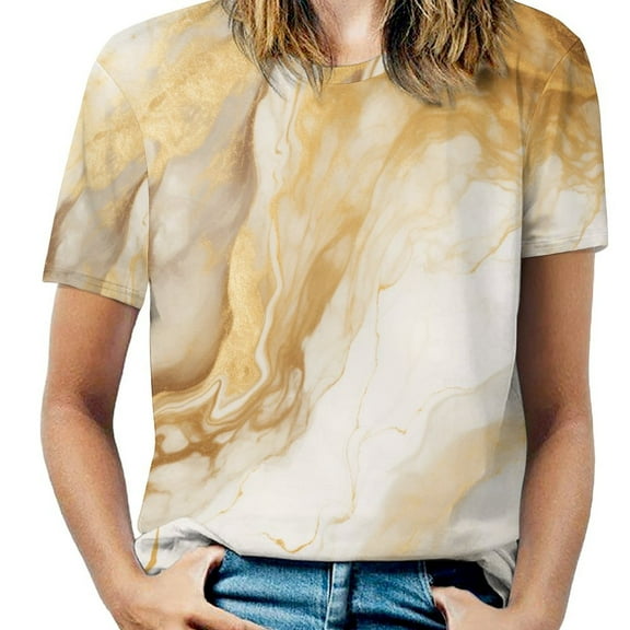 Marble Blue Greene Purple And Gold Stripes Womens Tops Women's Fashion Casual Short Sleeve Flower Print Round Neck Pullover Top Blouse