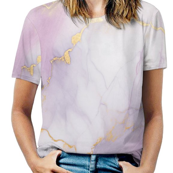 Marble Blue Greene Purple And Gold Stripes Womens Tops Women's Fashion Casual Short Sleeve Flower Print Round Neck Pullover Top Blouse