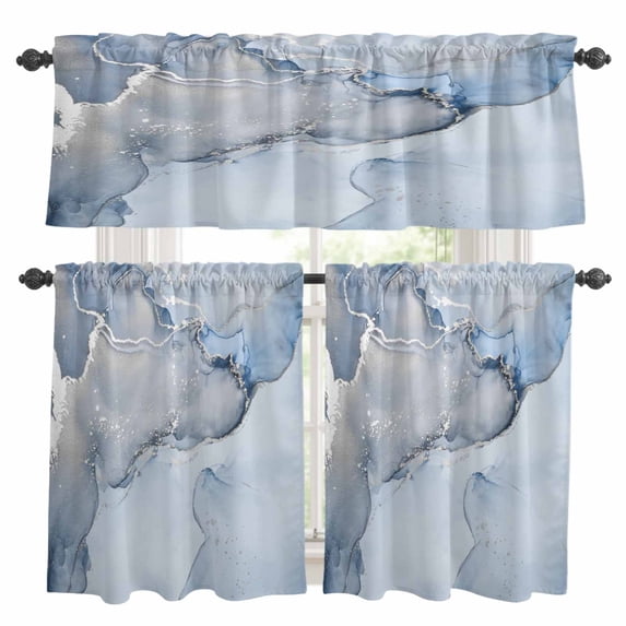 Marble Blue Kitchen Curtains Sets for Windows 36 Inch Length, Modern Abstract Ink Painting Luxury Rod Pocket Window Treatments Tier Curtains and Valances Set for Bedroom/Bathroom
