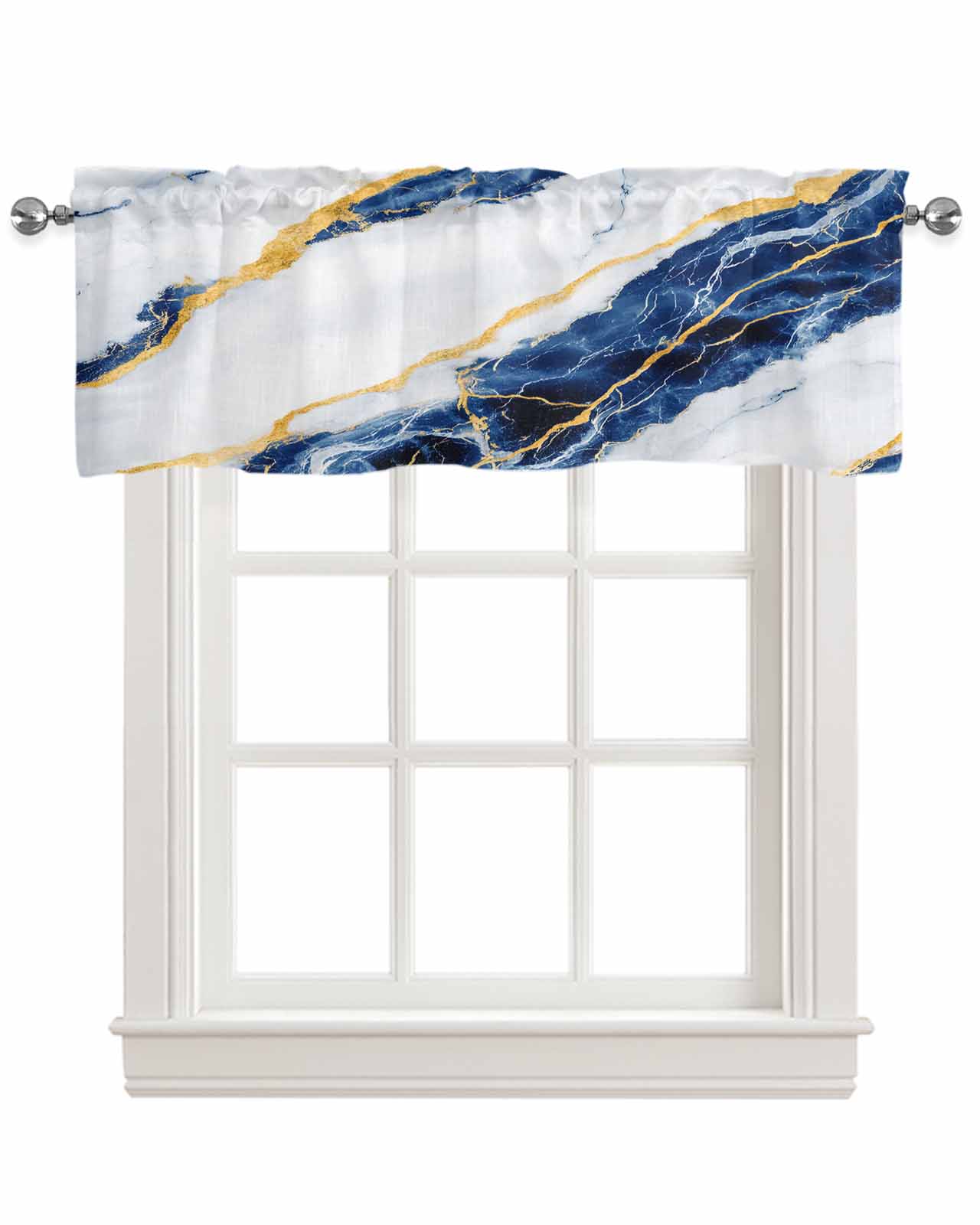 Marble Blue Kitchen Valances for Windows Farmhouse Linen Window Valance Curtain for Living Room Window Treatment Gold Foil Ceramic Style Cracks Scratches Valance Rod Pocket Topper Drape, 60 x 18 Inch