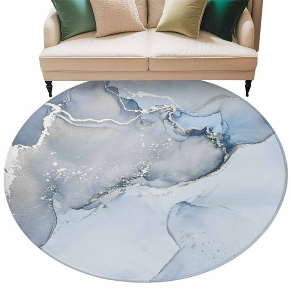 Marble Blue Large Area Rugs for Bedroom Living Room, Soft Non Slip Carpet Bedside Rug, Modern Abstract Ink Painting Luxury Round Floor Cover Kitchen Accent Rug 8' for Dining Room/Office