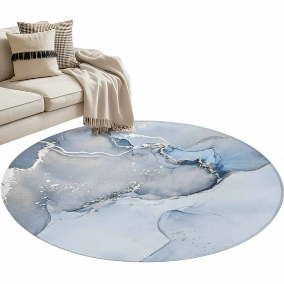 Marble Blue Large Area Rugs for Bedroom Living Room, Soft Non Slip Carpet Bedside Rug, Modern Abstract Ink Painting Luxury Round Floor Cover Kitchen Accent Rug 3' for Dining Room/Office