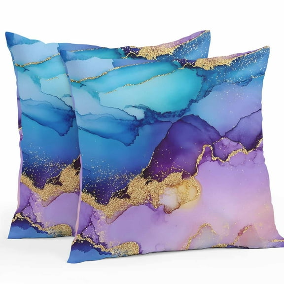 Marble Blue Outdoor Pillow Covers Pack of 2 Gold Line Gradient Purple Modern Wavy Waterproof Throw Pillow Covers Decorative Cushion Cases for Patio Garden Tent Balcony Couch 18x18 inch