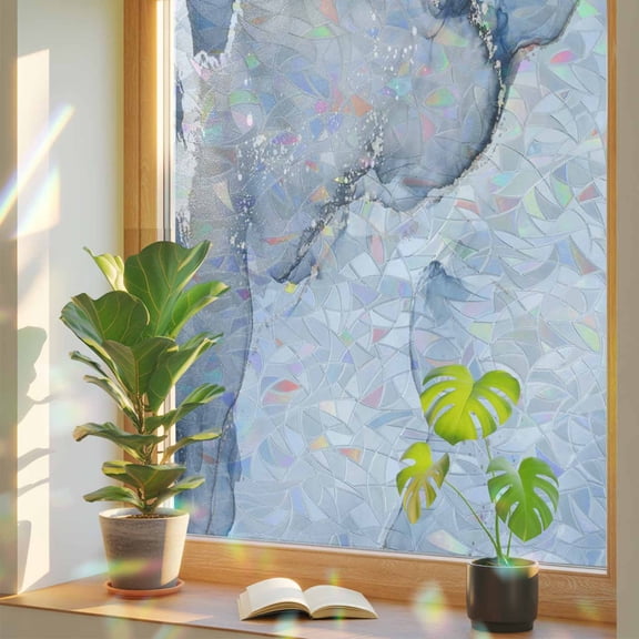 Marble Blue Privacy Window Film, Decorative Stained Glass Window Film, Modern Abstract Ink Painting Luxury Resuable Rainbow Static Cling for Home Bathroom Living Room Glass Door 23.6"x59"