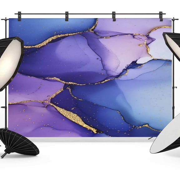 Marble Blue Purple Backdrop for Photography, Gradient Minimalist Gold Wavy Photo Backdrop Portrait Background Party Banner Photo Backgrounds for Studio Booth Props, 12x8ft