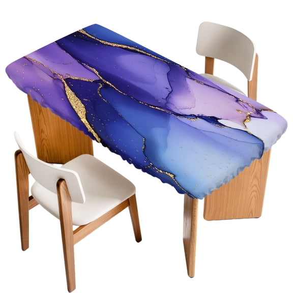 Marble Blue Purple Fitted Rectangle Tablecloth 24" x 50" Gradient Minimalist Gold Wavy Elastic Table Cloth Fits for 4 Foot Folding Tables Waterproof Table Cover for Picnic Camping Outdoor