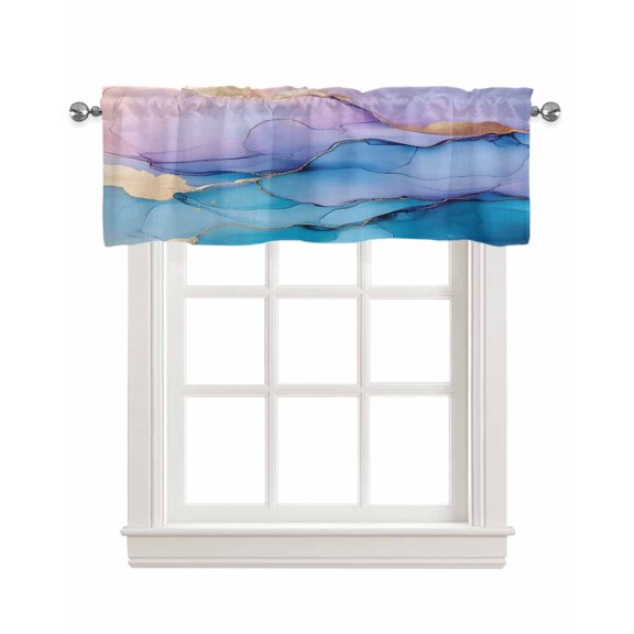 Marble Blue Purple Kitchen Valances for Windows Farmhouse Linen Window Valance Curtain for Living Room Window Treatment Abstract Art Ink Painting Valance Rod Pocket Topper Drape, 42 x 12 Inch