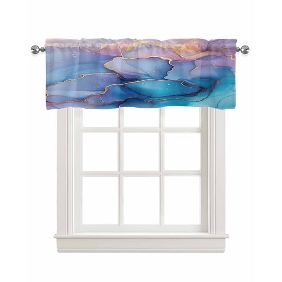 Marble Blue Purple Kitchen Valances for Windows Farmhouse Linen Window Valance Curtain for Living Room Window Treatment Modern Art Ink Painting Valance Rod Pocket Topper Drape, 42 x 12 Inch