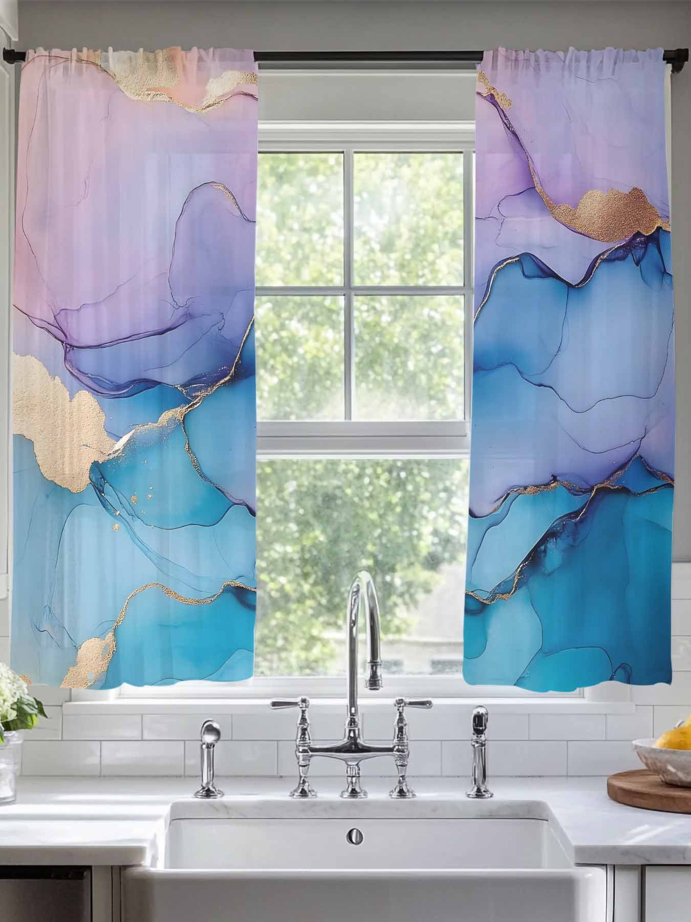 Marble Blue Purple Sheer Curtains for Living Room Bedroom Abstract Art