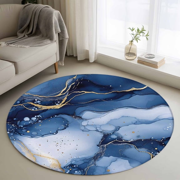 Marble Blue Round Area Rug 3.3 FT, Non Slip Small Entryway Kitchen Mat, Modern Gradient Gold Waves Nature Cracked Washable Soft Circular Rug Non-Shedding Door Mat for Bathroom Playroom Kids Room