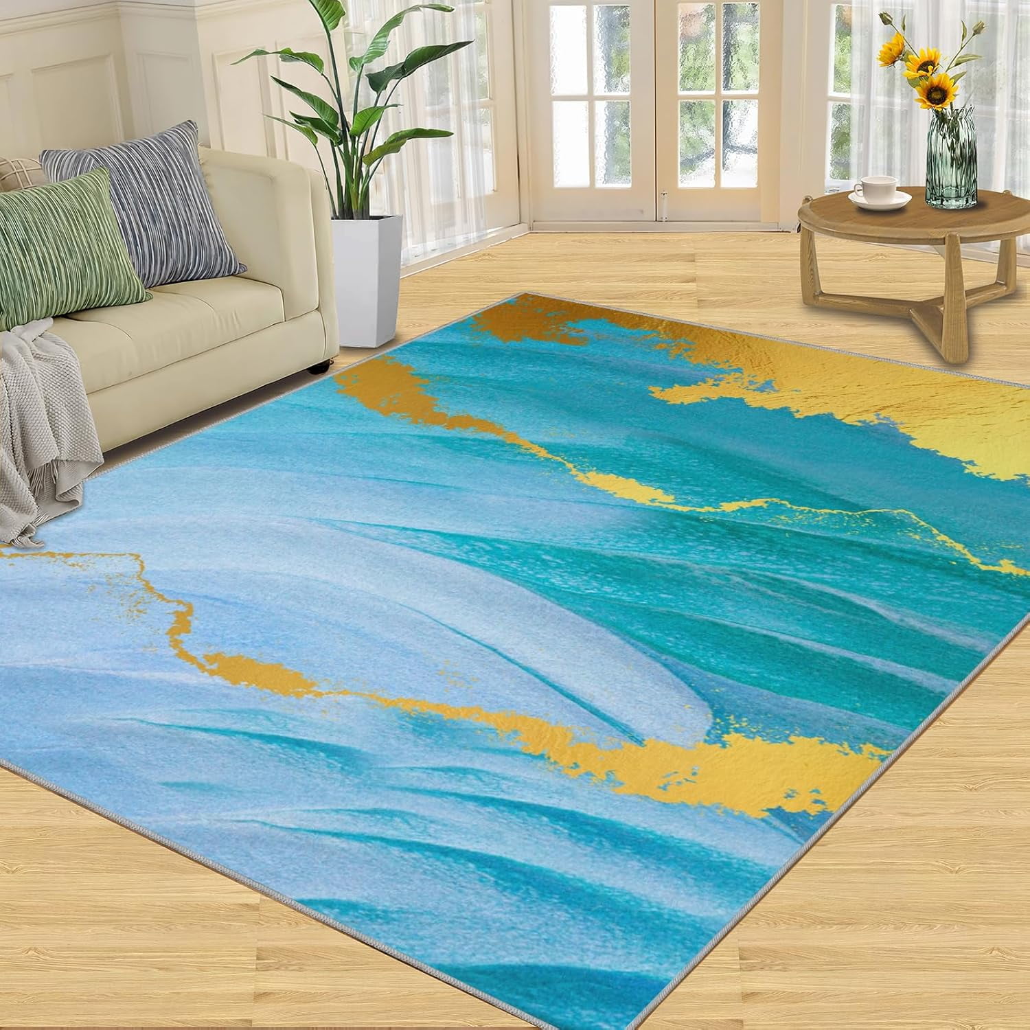 Marble Blue Rug 5x7ft, Abstract Gold Small Entryway Rug, Soft Low-Pile ...
