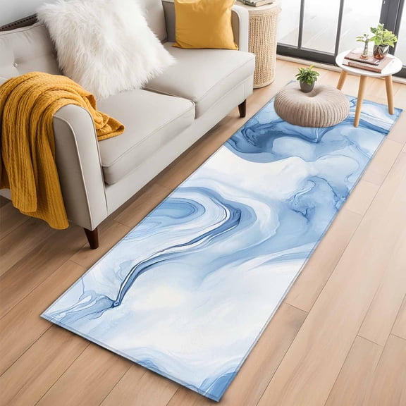 Marble Blue Runner Rug 2x6 FT,Non Slip Hallway Rugs,Abstract Modern Minimalist Solid Ombre Washable Soft Floor Carpet Throw Runner Carpet Long Rugs for Entryway Kitchen Bedside Sliding Door