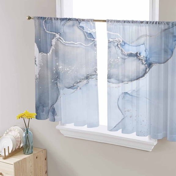 Marble Blue Sheer Curtains 45 Inch Length 2 Panels Set for Living Room/Bedroom, Modern Abstract Ink Painting Luxury Semi Curtain Sheers Drapes Rod Pocket Curtains Window Treatment Set 52''x45''x2