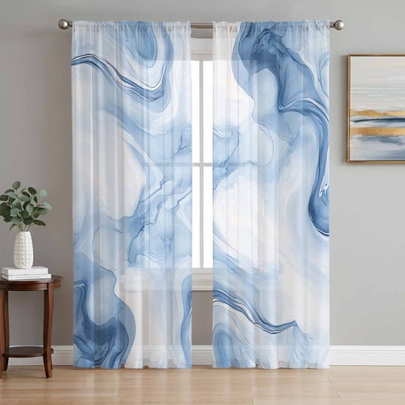 Marble Blue Sheer Curtains 84 Inch Length 2 Panels Set, Abstract Modern Minimalist Solid Ombre Voile Window Treatment Rod Pocket Curtains Sheers Drapes for Bedroom/Living Room/Kitchen 52"x84"x2
