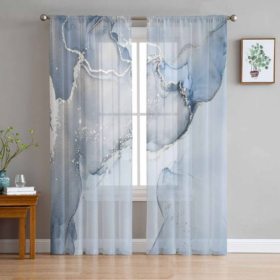 Marble Blue Sheer Curtains 96 Inch Length 2 Panels Set for Living Room/Bedroom, Modern Abstract Ink Painting Luxury Semi Curtain Sheers Drapes Rod Pocket Curtains Window Treatment Set 52''x96''x2