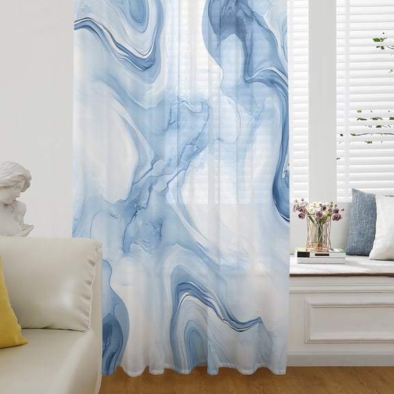 Marble Blue Sheer Curtains 96 Inch Length, Light Filtering Voile Curtain Panel, Abstract Modern Minimalist Solid Ombre Rod Pocket Drapes Window Treatments for Living Room Bedroom 52"x96"