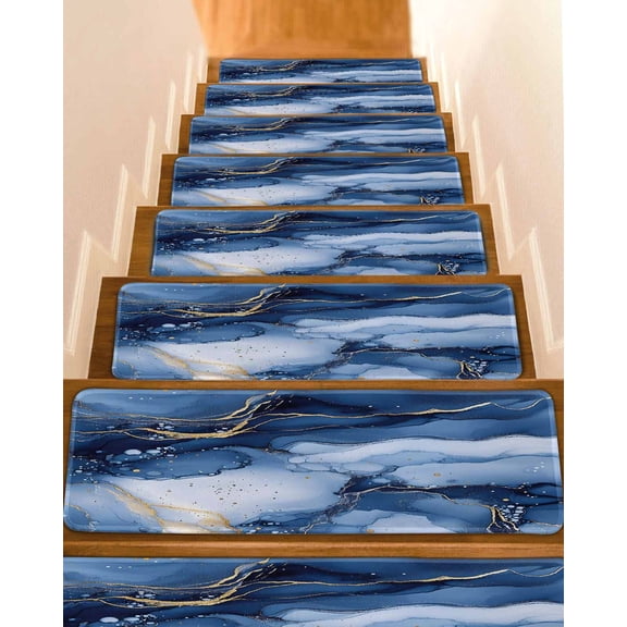 Marble Blue Stair Treads for Wooden Steps Indoor Runner Rug Carpet, Modern Gradient Gold Waves Nature Cracked 7 Pieces Peel and Stick Staircase Step Treads Covers Washable Throw Door Mats, 30"x8"
