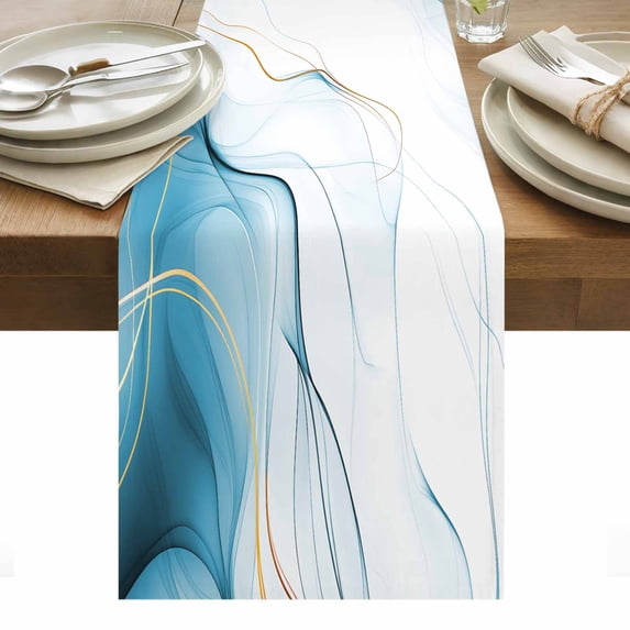 Marble Blue Table Runner - 36 Inch Long, Kitchen Dining Table Runner Dresser Scarves, Gold White Modern Gradient Ocean Wavy Ripple Farmhouse Decor for Coffee Tables Wedding Party Banquet