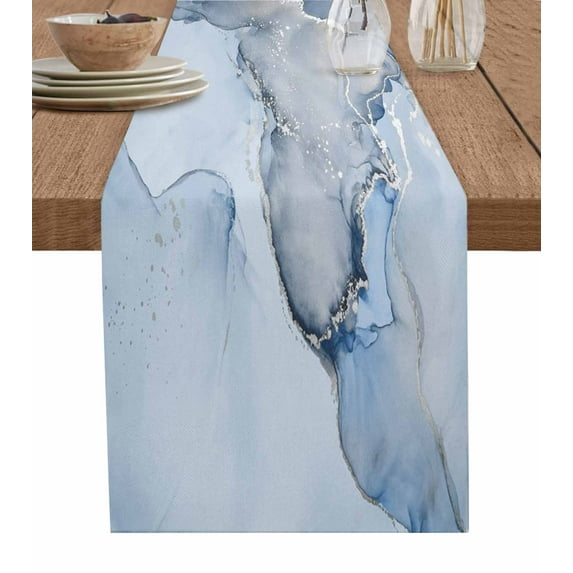 Marble Blue Table Runner Modern Abstract Ink Painting Luxury Tablerunners 13 x 48 Inch, Table Decorations Tabletop Scarf for Summer Gathering Holiday Farmhouse Kitchen Dining Decor