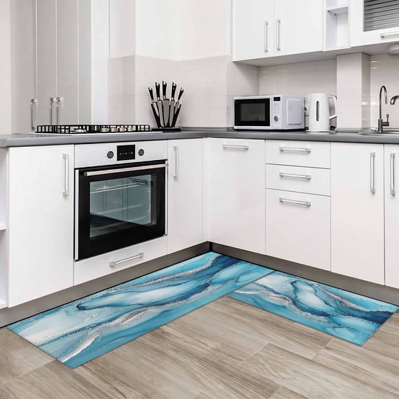 Blue Marble 2 Pieces Non-Slip Kitchen Mat Set Modern Impressionist Art Abstract Soft Door Mat with Rubber Backing,Dirtproof Rugs for Entrance Doorway 20x24in+20x48in